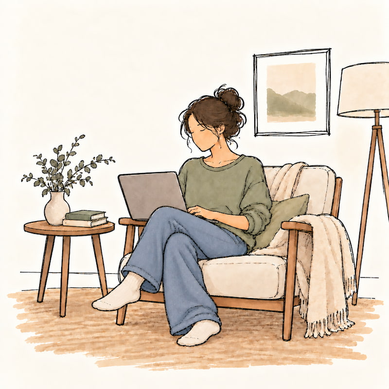 Illustration of a woman on a sofa typing a message on her laptop