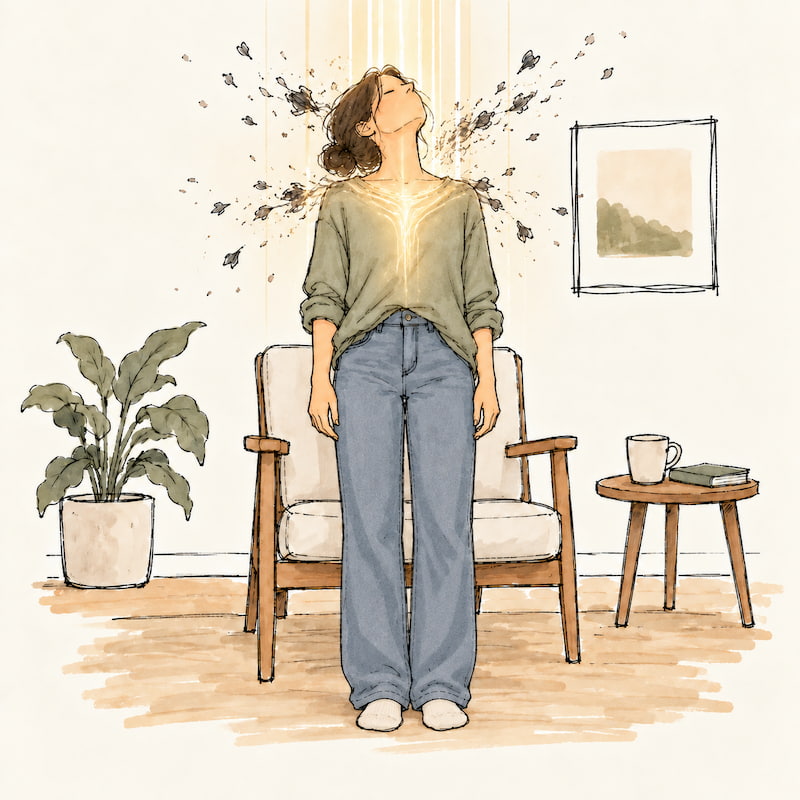 Illustration of a woman standing with eyes closed as light flows through her during a CosmoEnergetica session